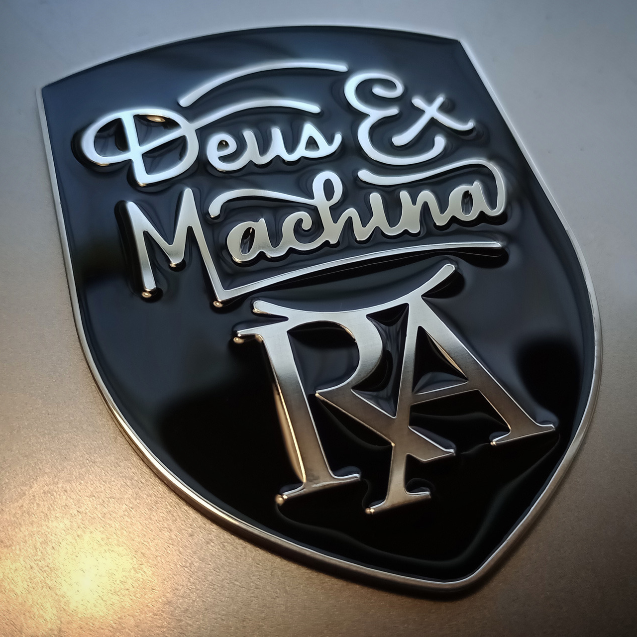 Bespoke personalised scooter fairing badge. Aluminium & resin.