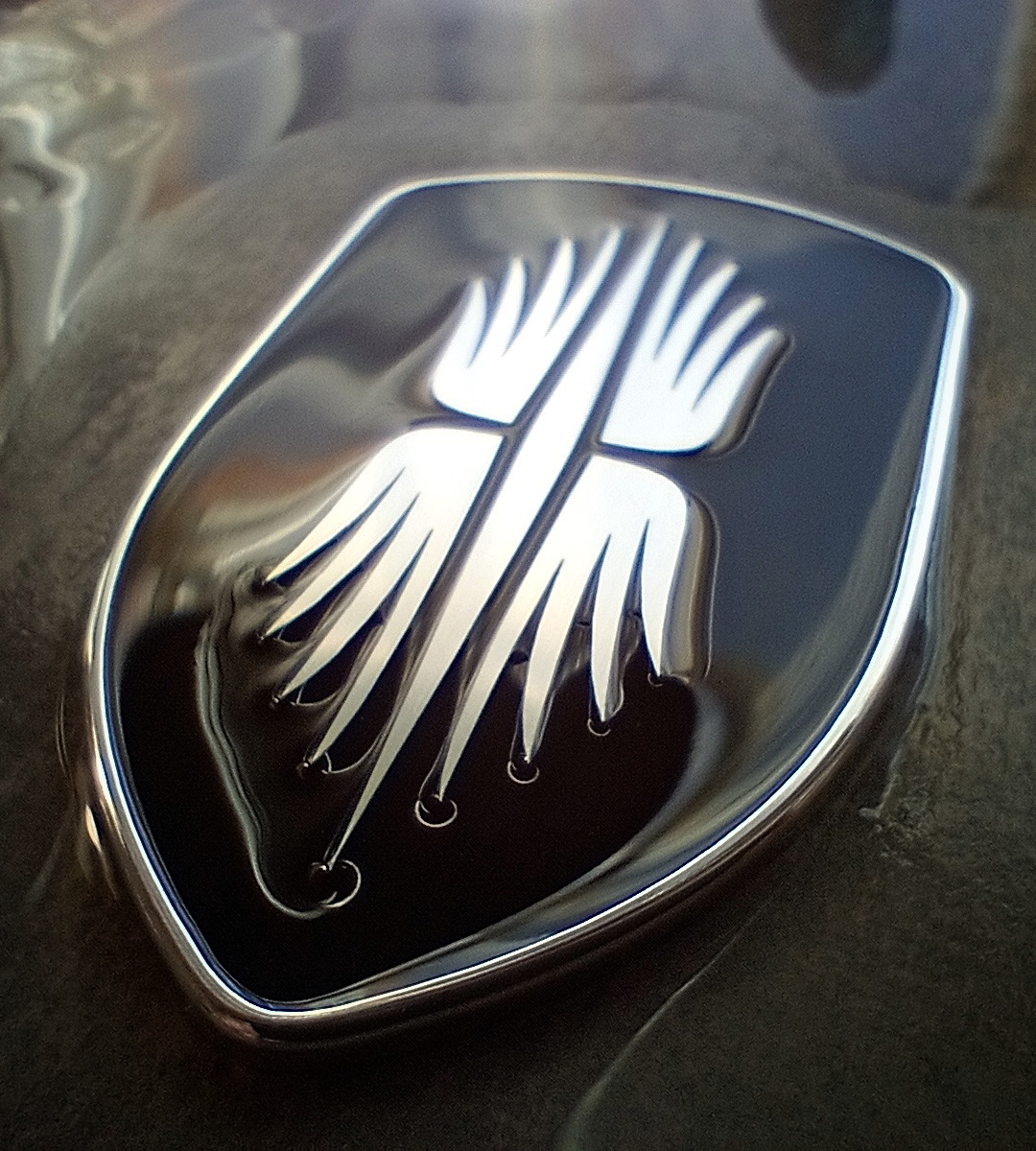 The hood badge with a stage one black resin in-fill